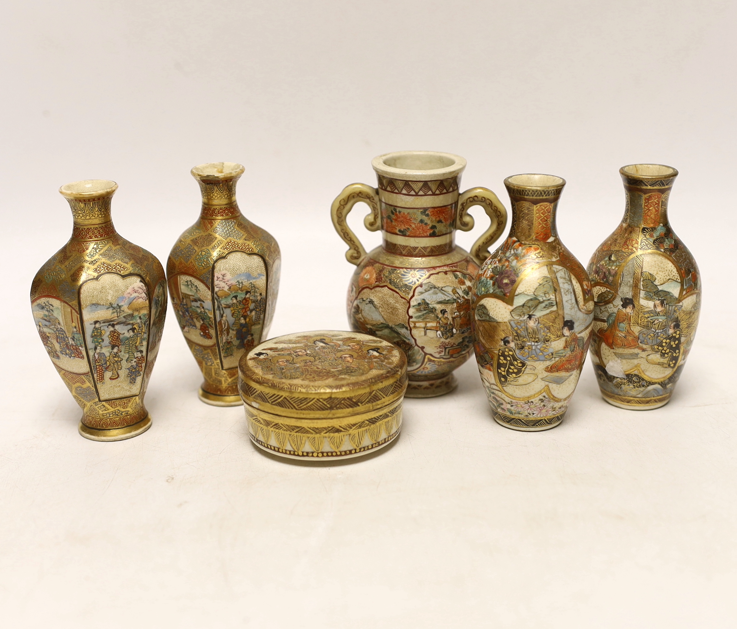 A collection of miniature Japanese satsuma, Meiji vases and a box and cover, box and cover 6cm diameter